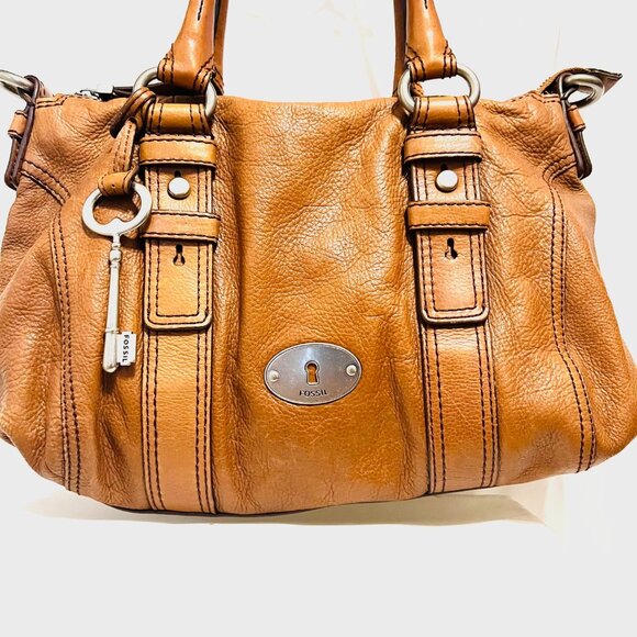 Fossil Vintage Camel/Brown Tote/Satchel Purse Bag-Soft Glove Leather-Roomy-Zip - Picture 1 of 15